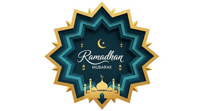 Ramada kareem illustration with muslim family reading quran inside a large crescent moon with lanterns