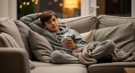 Obraz premium A young man relaxing comfortably with a mug of hot beverage in a cozy living room with soft lighting and a serene atmosphere