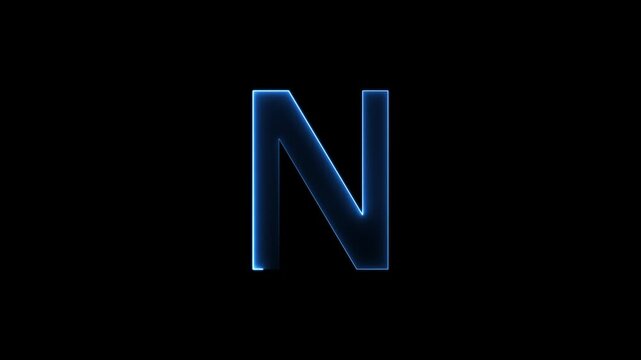 Glowing neon letter 'N' symbol, a shiny light font illustration on a black background English alphabet education type word writing letter text effect smooth footage sign symbol with black background