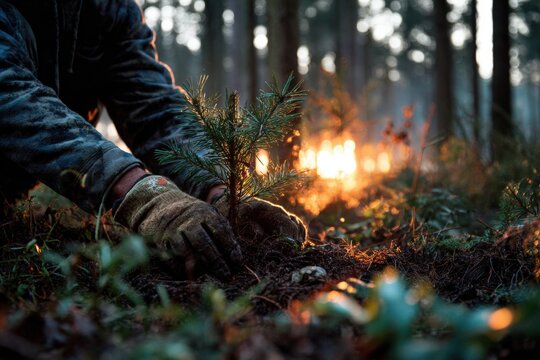 Close-up of gloved hands planting a young pine tree in a forest at sunrise, symbolizing reforestation and environmental conservation.