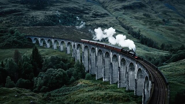 A steam train crosses a long viaduct bridge over a valley with trees and hills