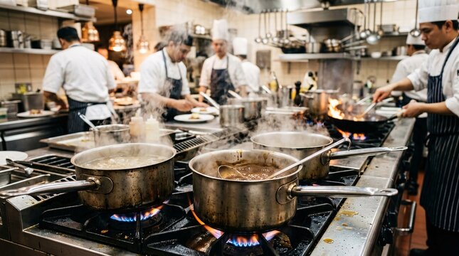 Professional stainless steel saucepans steam furiously on an industrial gas stove against the blurred background of a busy chaotic kitchen.