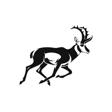 Pronghorn antelope, running deer, black silhouette, wildlife icon, vector illustration