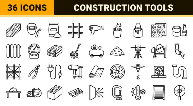 Construction equipment building materials and hand tools minimalist outline grid design