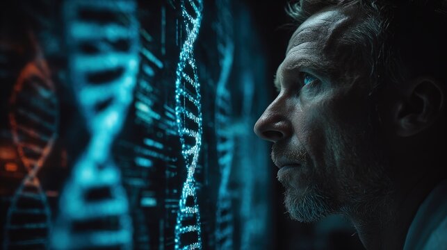 Scientist closely examining glowing digital DNA strands in a dark futuristic laboratory.