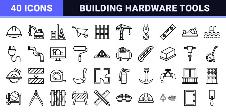 Minimalist construction tools and building equipment outline icon set.