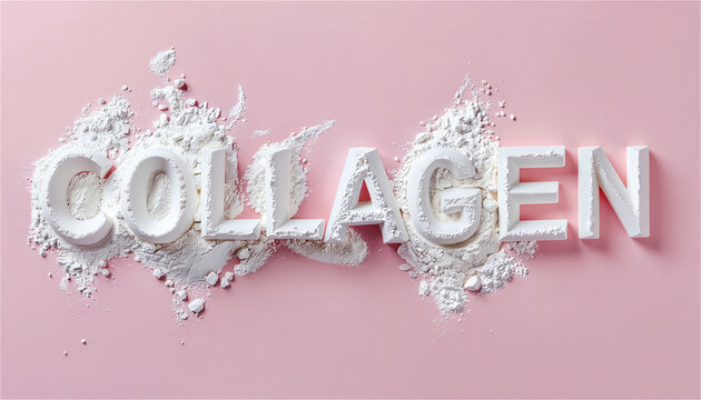collagen text formed from white powder on pink background. Nutritional supplement for healthy skin and joint care. Antiaging beauty product concept for wellness and cosmetic industry
