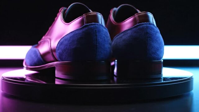 Rotating pair of two-tone burgundy and blue dress shoes on a reflective  black surface illuminated with neon lights