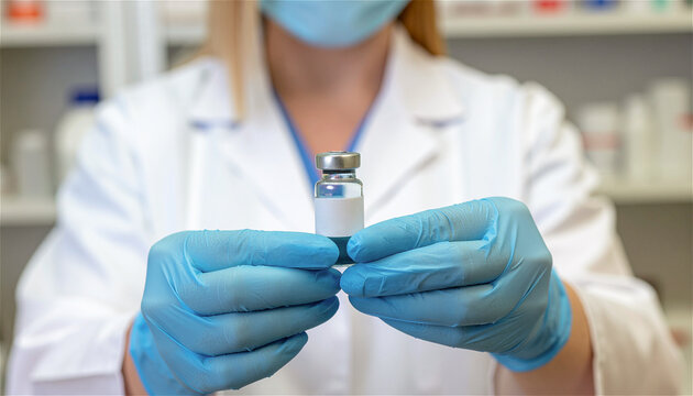 woman scientist holding glass vial with vaccine. Laboratory specialist preparing antiviral injection. Medical researcher in protective equipment working on pharmaceutical drug development concept