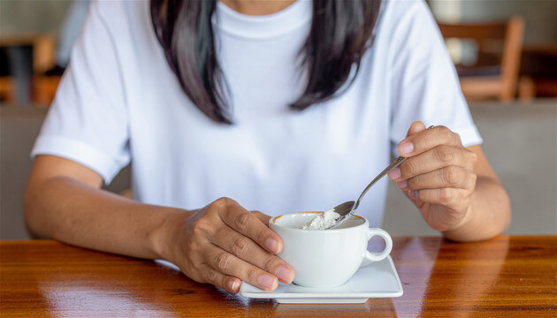 Woman adding collagen powder to coffee with a spoon. Concept of collagen coffee, daily wellness routine, beauty supplementation and healthy lifestyle. Natural light, real life scene, focus on hands.