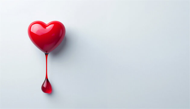 red heart shape dripping like blood on light background. Symbol of blood donation and medical health care. Concept of cardiovascular disease awareness and life saving blood transmission
