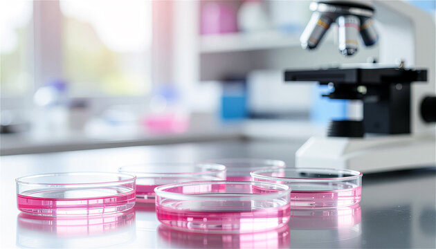 petri dish with pink liquid sample on table in microbiology laboratory. Researcher clinical analysis, scientific research and biotechnology experiment equipment. Medical biology background