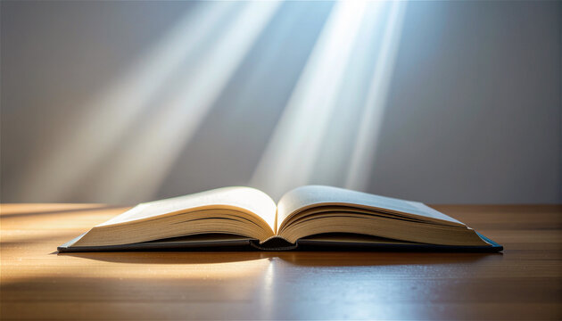 open book on a wooden table with divine light streaming down from above. Concept of wisdom, enlightenment, reading and theological study. Spiritual literature for education and knowledge