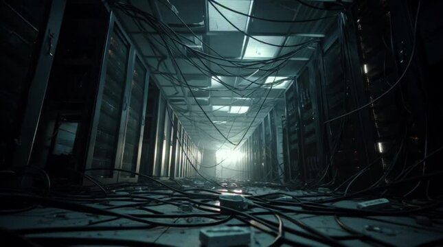 Dark Abandoned Server Room with Tangled Cables and Bright Light