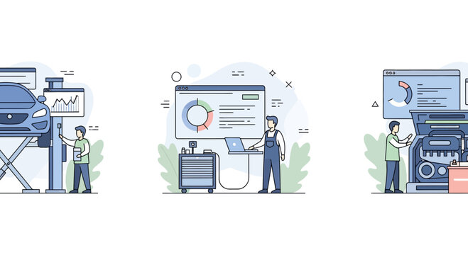 Car fix man work auto shop tool web data info tech pro help fast blue