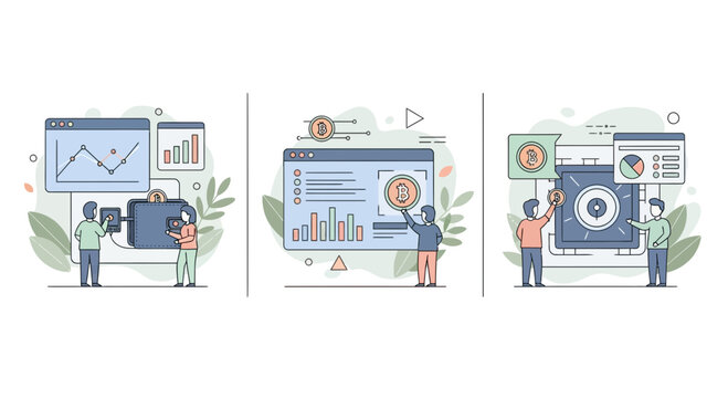 Vector illustration showing people managing cryptocurrency security and digital asset trading with bitcoin wallet vault and charts for investment monitoring
