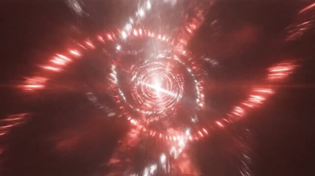 A bright glowing light creates a swirling tunnel effect with vibrant red and white energy patterns in deep space