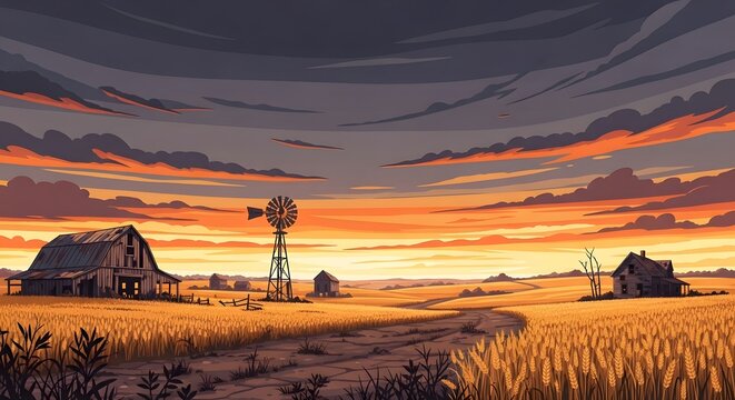 Golden Sunset Farm Landscape with Windmill and Barns