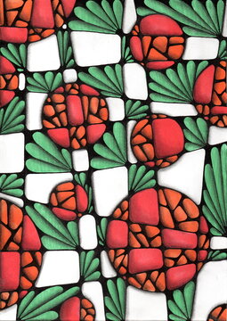 An abstract composition of stylized fruits and fan-shaped green leaves. The objects are set within a crisp black grid, creating structure and rhythm. The use of rich reds, oranges, and greens is combi