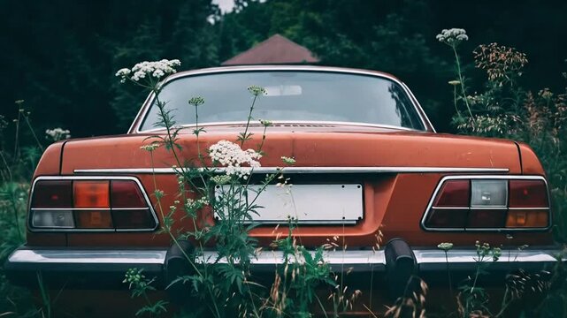 Vintage orange car parked amidst wildflowers in a serene natural setting