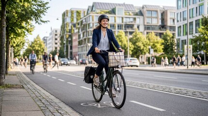 Obraz premium Woman rides bicycle on busy street in city during daytime while others cycle and walk nearby