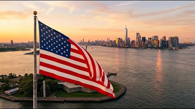 Aerial View of US Flag and Statue of Liberty with New York Skyline at Dusk