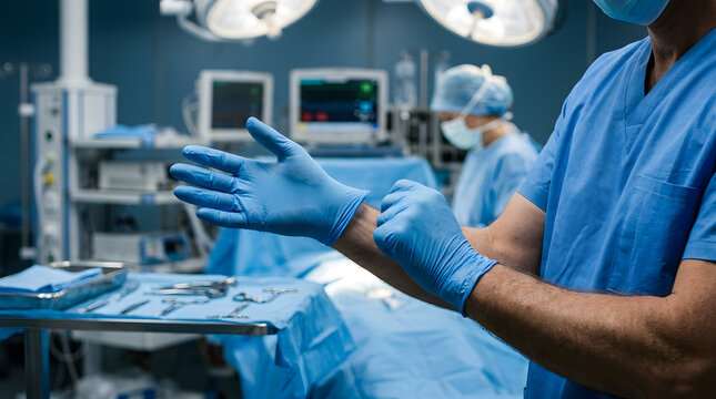 A professional surgeon and nurse in a hospital clinic provide medical healthcare to a patient using advanced equipment before a surgery operation
