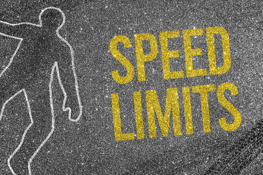Chalk body outline on asphalt with tire marks and yellow text Speed Limits. Visual metaphor for the fatal risks of exceeding legal driving speeds.