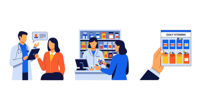 Modern Medical Healthcare Service Doctor Pharmacist Patient Vitamin Pills Organizer Pharmacy Professional Clinic Daily Wellness Support Routine