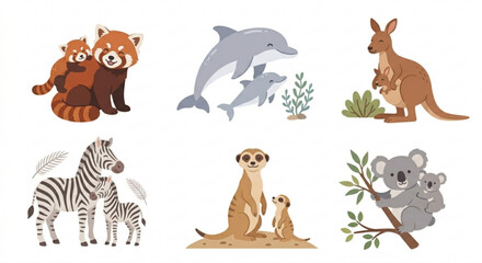 Fototapeta premium Cute animal mother and baby collection, wildlife parent and cub flat vector set