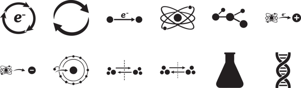 Scientific icons set, vector EPS for redox cycle, atomic structure, chemistry, physics, lab design.
