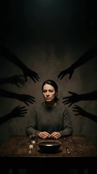 A woman sits alone at a wooden table, shadows of hands stretching towards her, evoking emotions