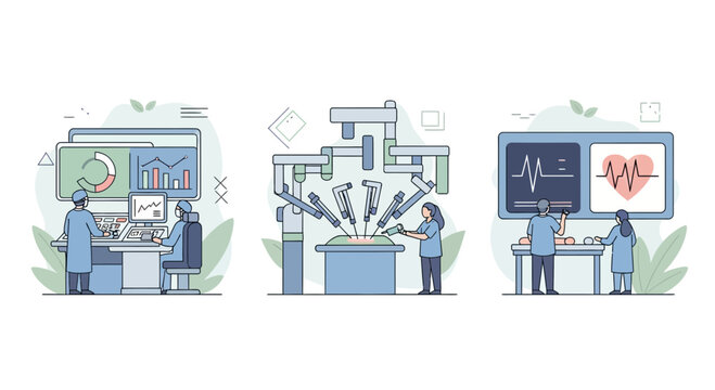 Set of doctors in a room use a robot to do surgery and see data