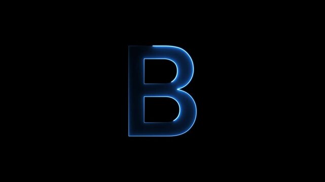 Glowing neon letter 'B' symbol, a shiny light font illustration on a black background English alphabet education type word writing letter text effect smooth footage sign symbol with black background
