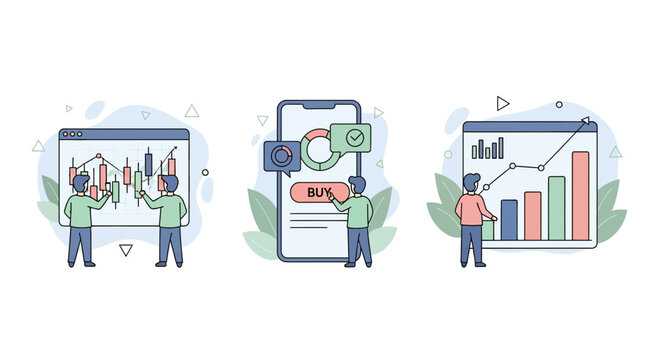 Trade stock market app data graph man set buy sell chart win pay go up