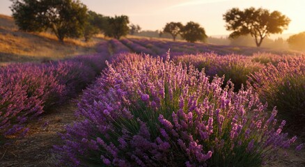 Obraz premium Golden sunrise illuminates rows of blooming lavender fields