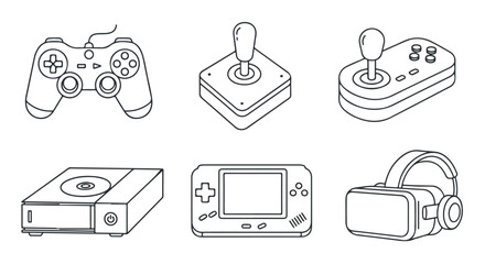 Retro video game icon set, 6 outline gaming vector elements, vintage console and joystick line art, virtual reality headset and gamepad icons © Qarshi Stock