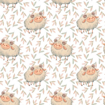 Seamless pattern with adorable watercolor sheep and delicate pastel leaves on white background. Hand drawn aesthetic illustration.
