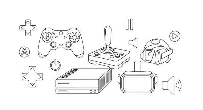 Gaming icons set in thin line style, video game controllers and console vector elements, virtual reality headset and joystick illustrations