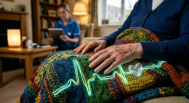 An elderly hands on a wool blanket with a glowing heart line threads nurse in background showing hospital at home comfort care