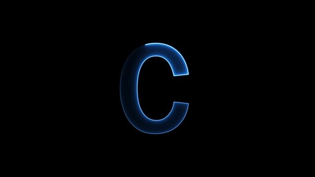 Glowing neon letter 'C' symbol, a shiny light font illustration on a black background English alphabet education type word writing letter text effect smooth footage sign symbol with black background