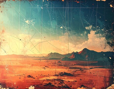 Desert landscape under a clear sky, warm hues, aged texture, and scratches