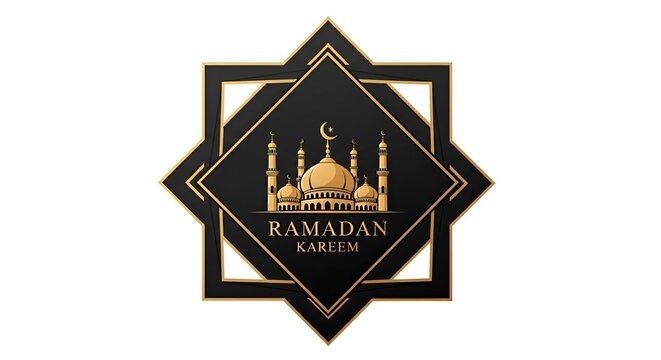 Ramadan kareem luxury emblem featuring a golden mosque silhouette inside a black diamond frame