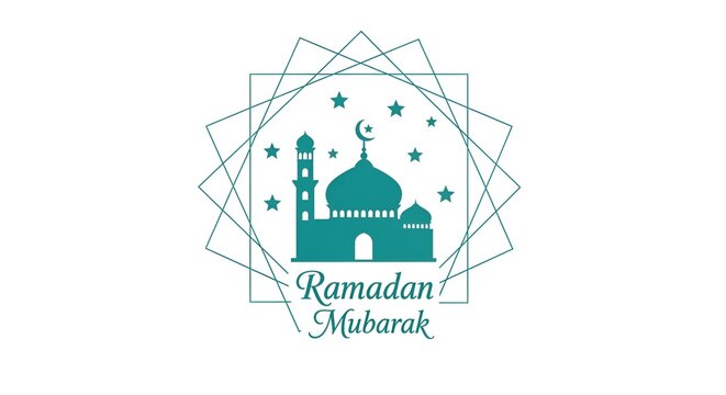 Ramadan mubarak logo with green mosque dome and crescent moon inside geometric frame