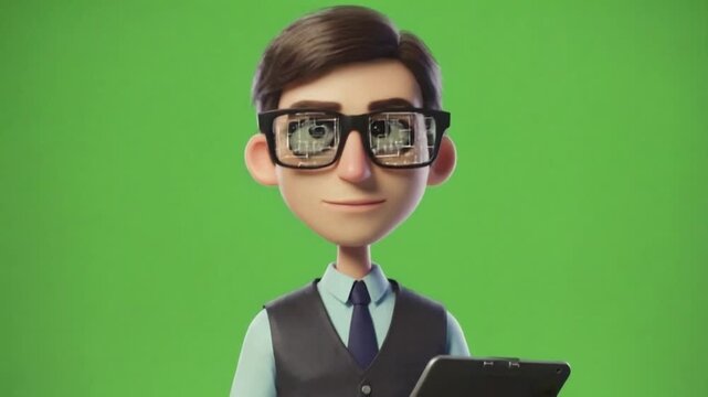 3D animated boy in glasses holding tablet against bright green background for tech education and digital learning