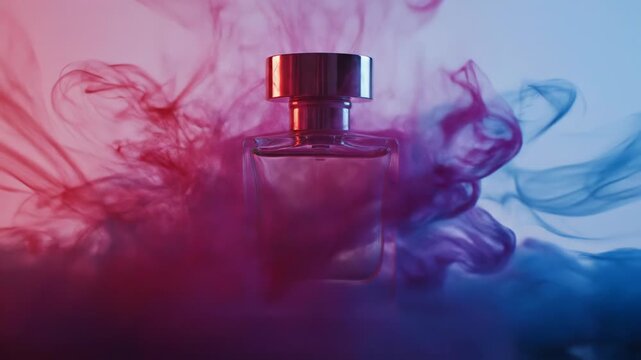 A clear rectangular glass perfume bottle with a silver metallic cap standing on a reflective surface, featuring artistic red and blue ink swirls in water on either side.
