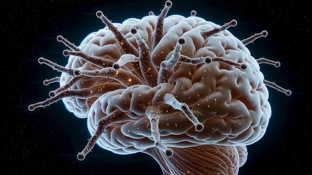 Intricate 3D illustration of a human brain with microscopic viruses or pathogens attaching to its surface, symbolizing illness or neurological disease.