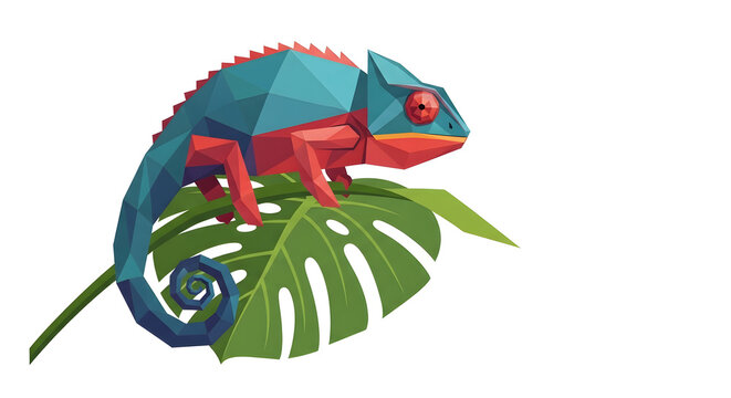 Colorful Chameleon on Green Leaf.