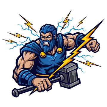  Powerful Thor mascot logo with hammer and lightning for esports