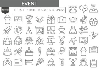 Fototapeta premium Event Line Icons Set – Editable Stroke Celebration, Conference & Entertainment Outline Symbols